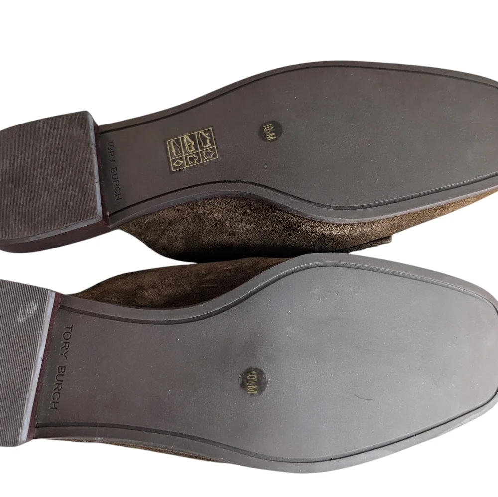 Tory Burch Brown Suede Logo Buckle Mules
